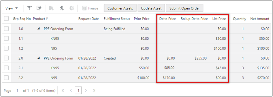 Updated Delta Price, Rollup Delta Price, and List Price values