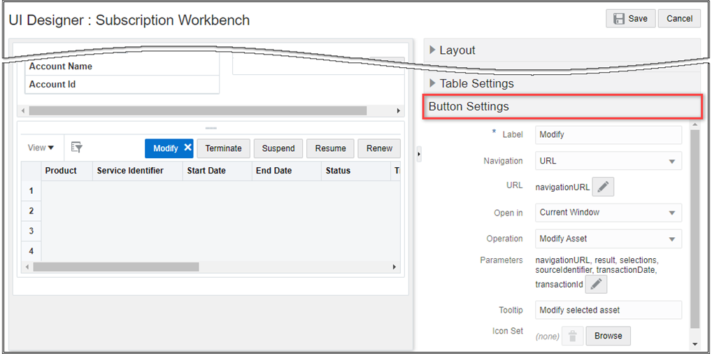 UI Designer Button Settings tab