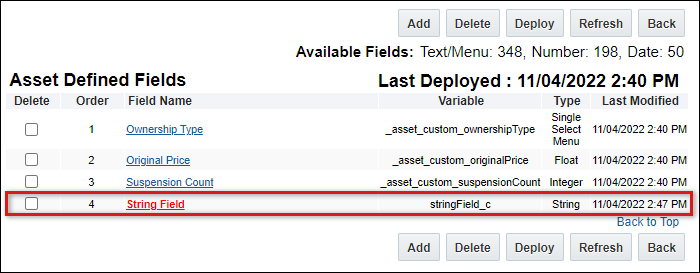 Asset Defined Fields, created/modified asset in red (undeployed)
