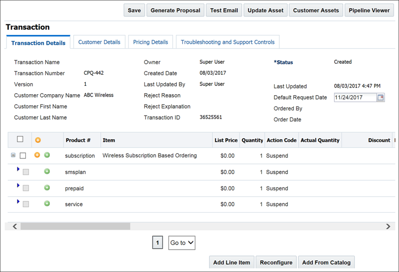 Transaction showing suspended items