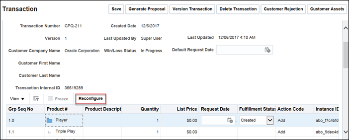 Select BOM item to reconfigure