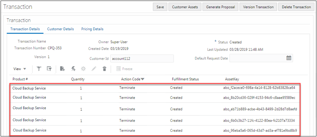 Terminated assets on Transaction UI