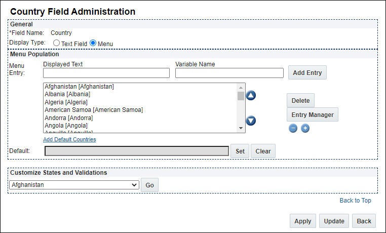 Country Field Administration page