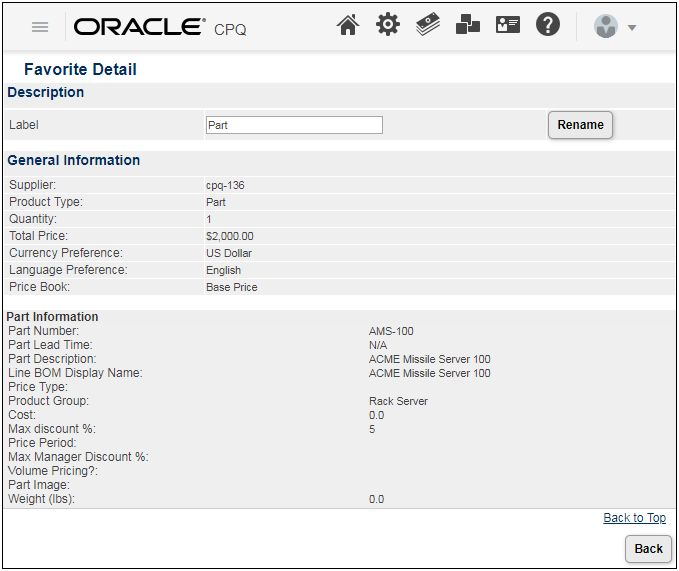  Favorite Detail page for a part within a system configuration.