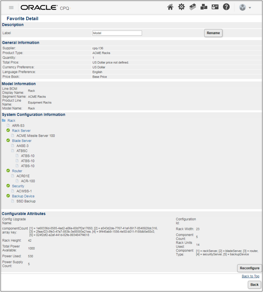 Favorite Detail page for a system configuration root item