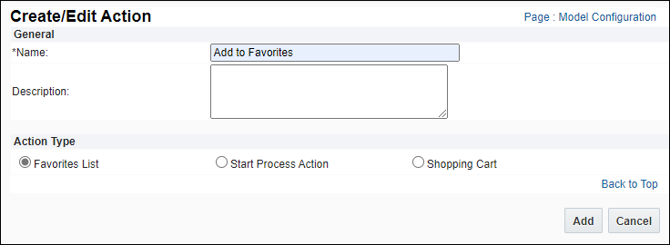 Create/Edit Action, select "Favorites List" Action Type