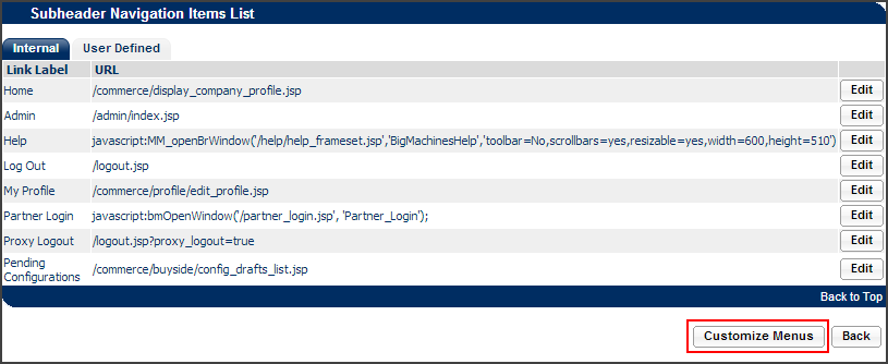 Navigation Items List - Subheader page Customize Menus button