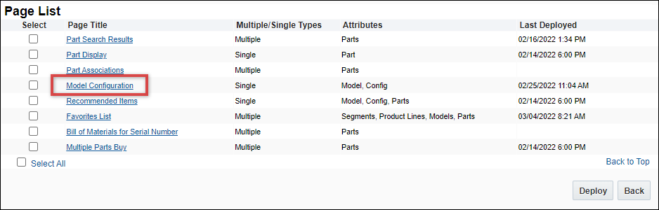 Select Model Configuration page