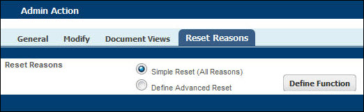 Admin Action Reset Reasons tab