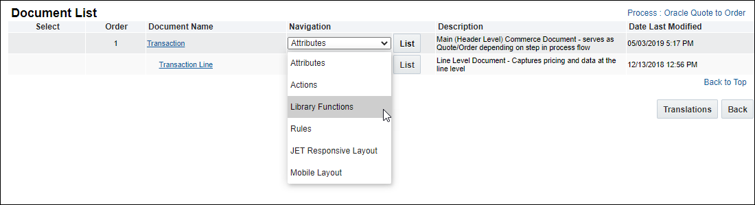 Document List, select Library Functions