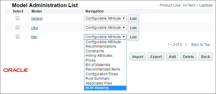 BOM Mapping option on Model Administration List page