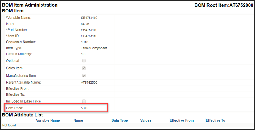 The BOM Price row on the BOM Item Administration page