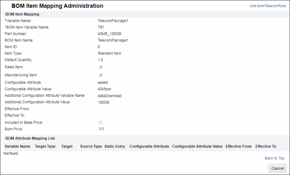 BOM Item Mapping Administration page