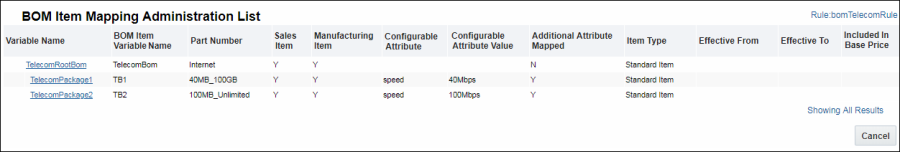 BOM Item Mapping Administration List page with Additional Configurable Attributes