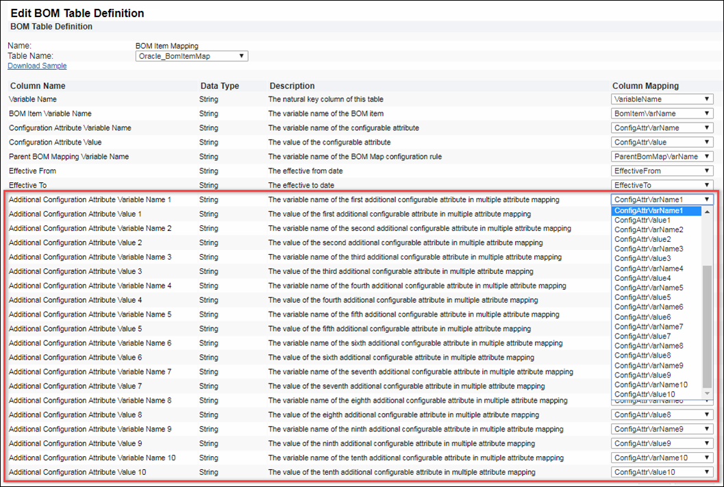 Additional Configurable Attributes for BOM Item Mapping on Edit MON Table Definition page