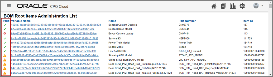 BOM Root Items Administration List