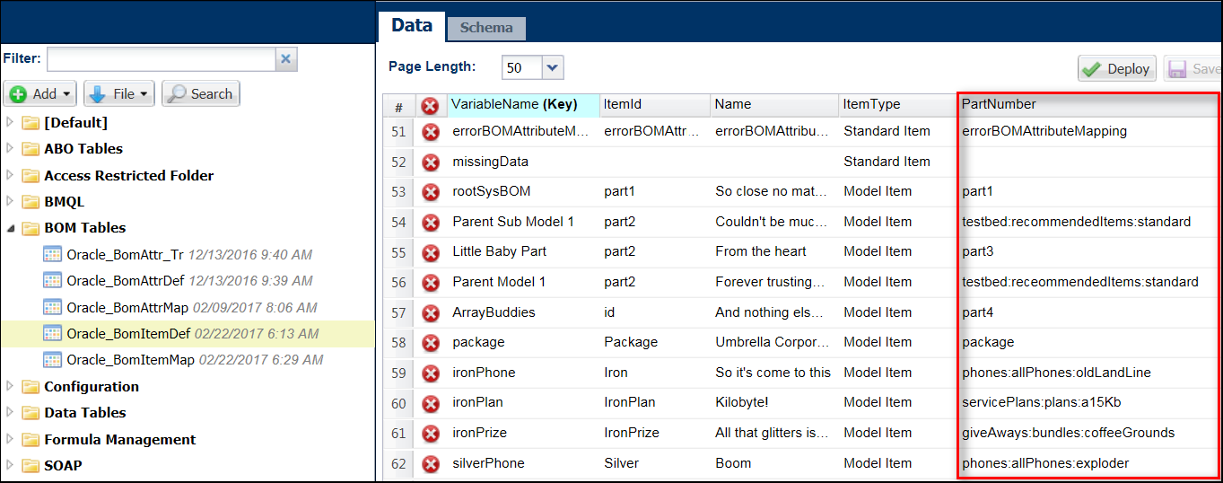  PartNumber column in the BOM Item Definition table containing BOM iitem part numbers and paths to models in the BOM hierarchy.