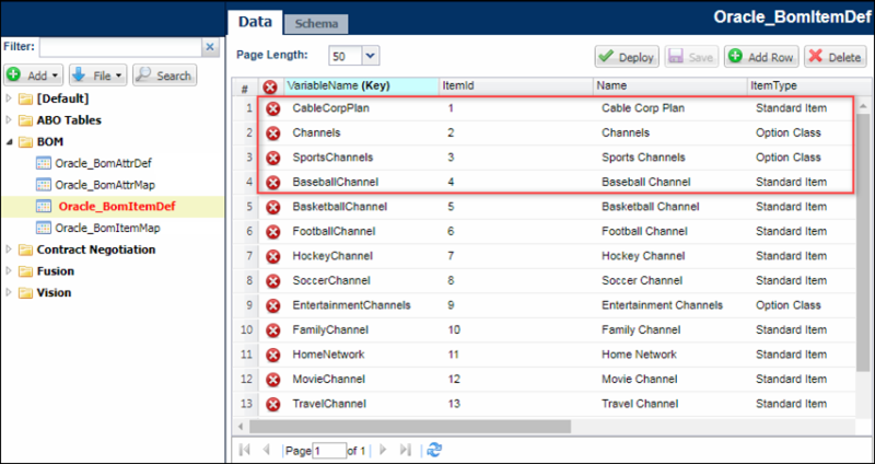 BOM Item Definition data table with Option Class and Standard Item BOM Item Types