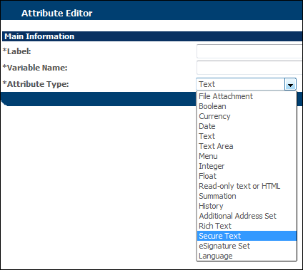 Select Secure Text Attribute Type