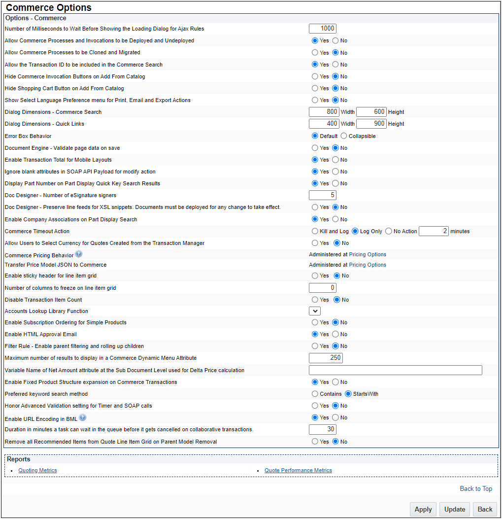 Commerce Options page