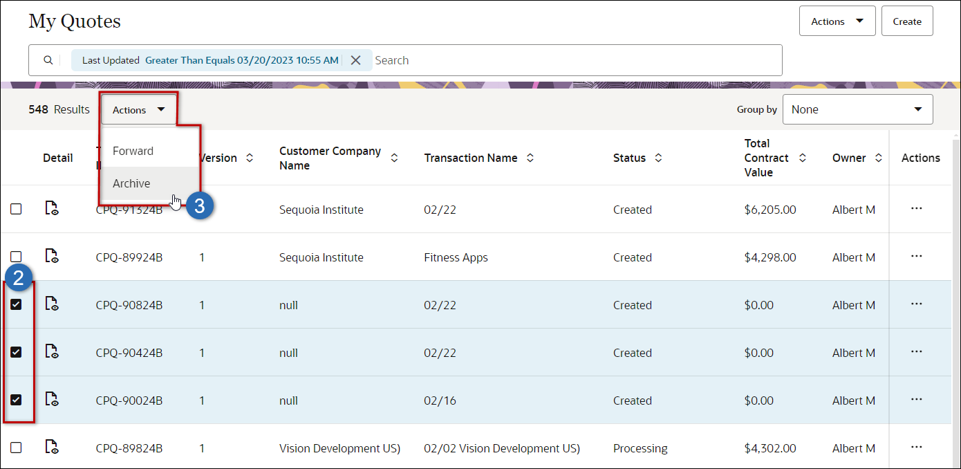 Archive multiple transactions