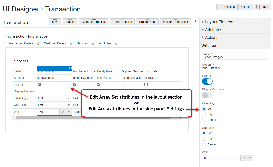 Edit array set attribute settings