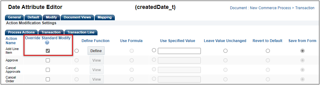 Standard Process Attribute Modify tab
