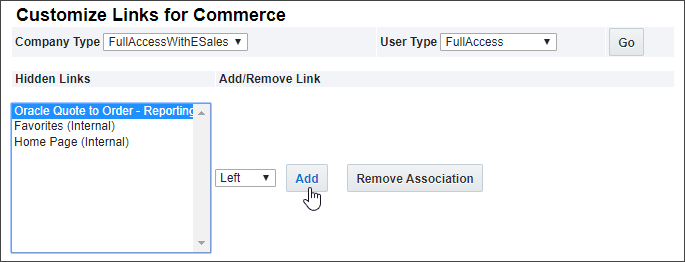 Select a Hidden Links item on the Customize Links for Commerce page