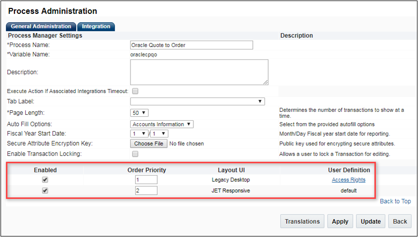 Process Administration page