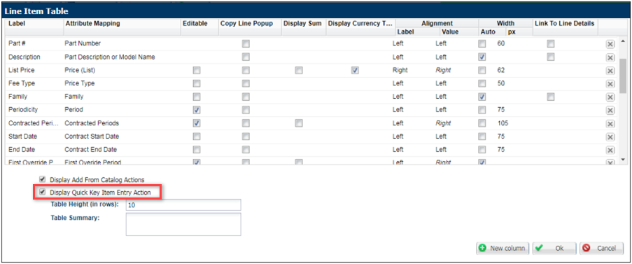 Line Item Grid editor Display Quick Key Item Entry Action