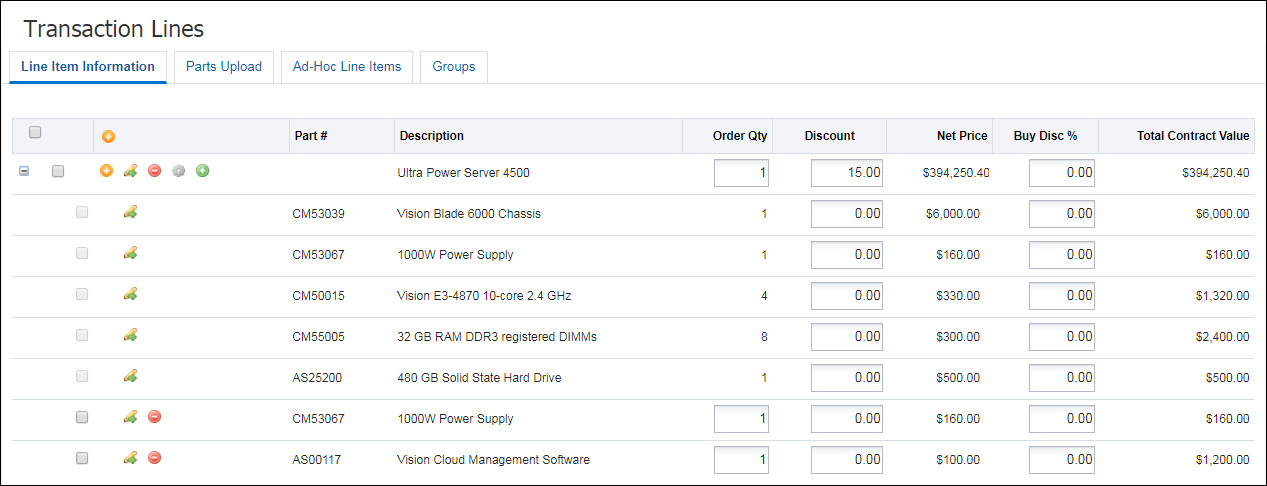 User Side View, Layout Line Item Table, and Icons