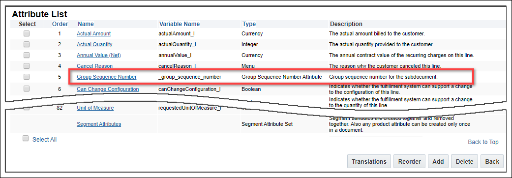 Group Sequence Number on Attribute List page