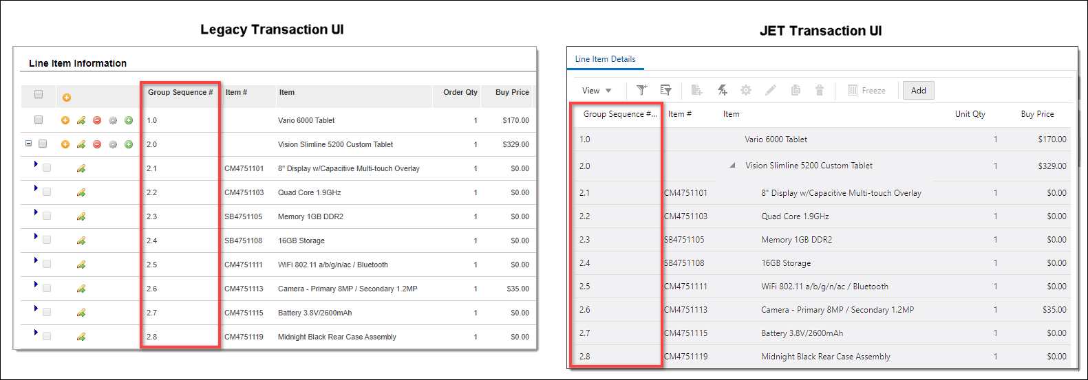 Group Sequence in the Legacy Transaction UI and JET Transaction UI