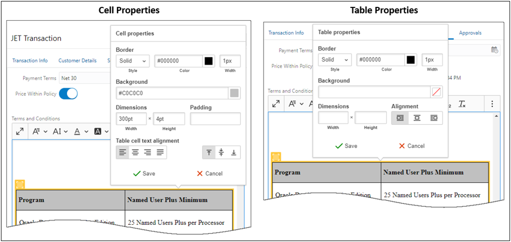 Rich Text Editor Cell Properties and Table Properties