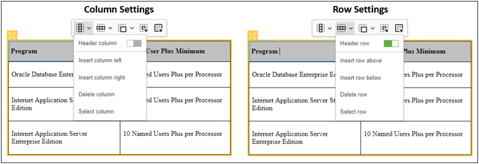 Rich Text Editor table Column Settings and Row Settings