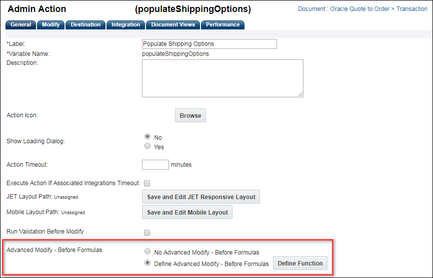 Define Advanced Modify - Before Formulas option