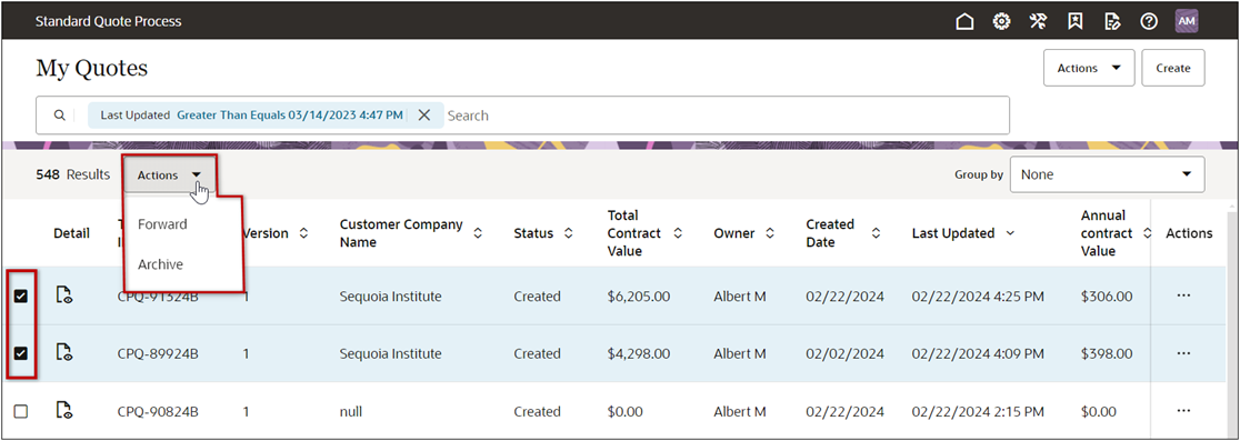 Actions for multiple transaction selections