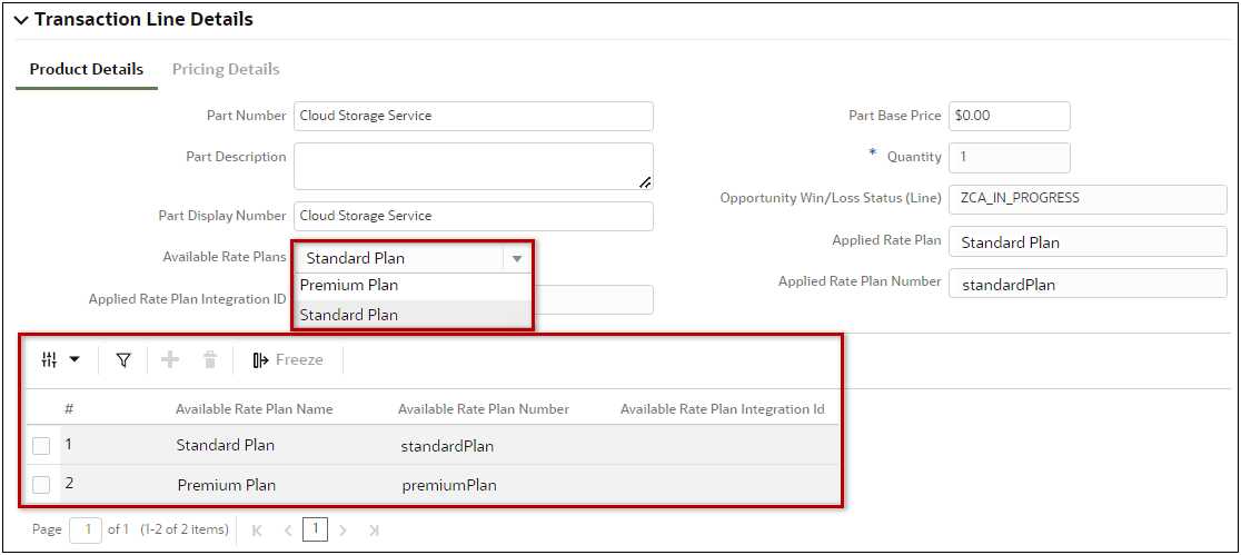 Applied Rate Plans in Transaction Line Deatails Page