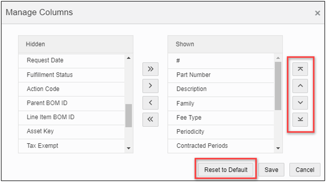 Reset to Default and Manage Columns