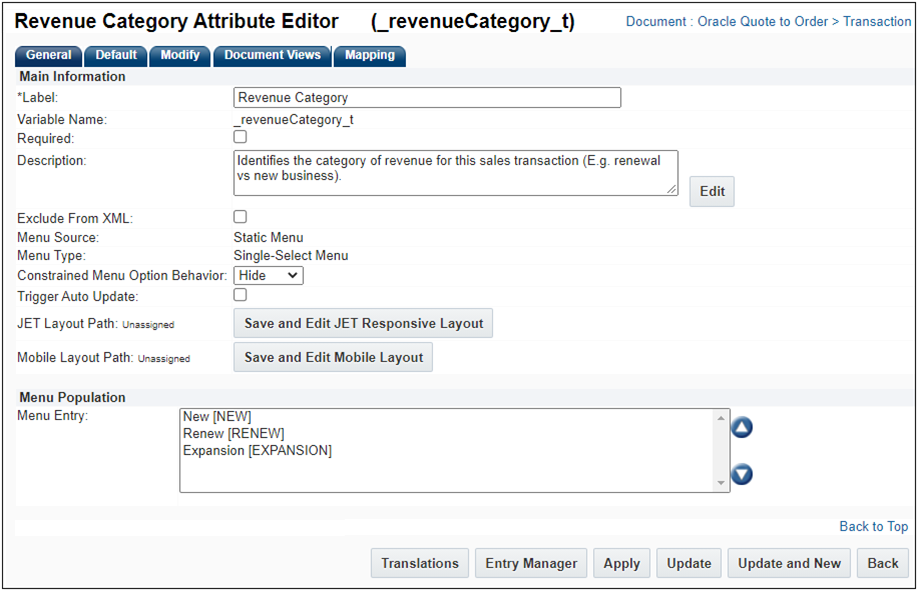 Revenue Category Attribute Editor