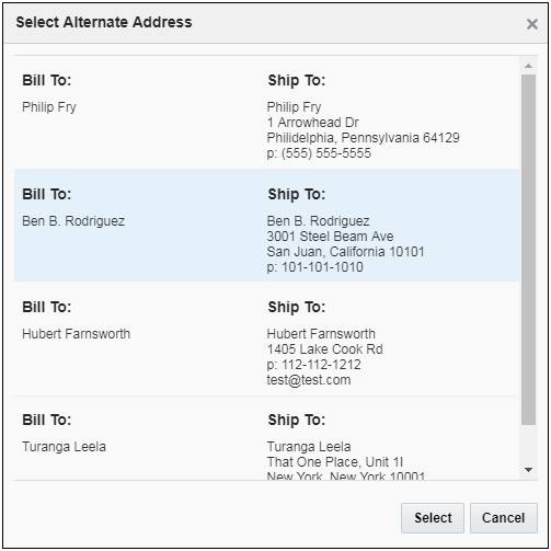 Select Alternate Address dialog