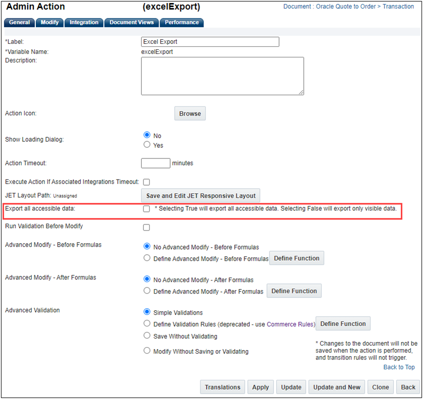 Set Export Data Option