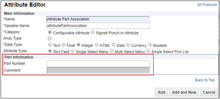 Attribute Editor - Part Information section