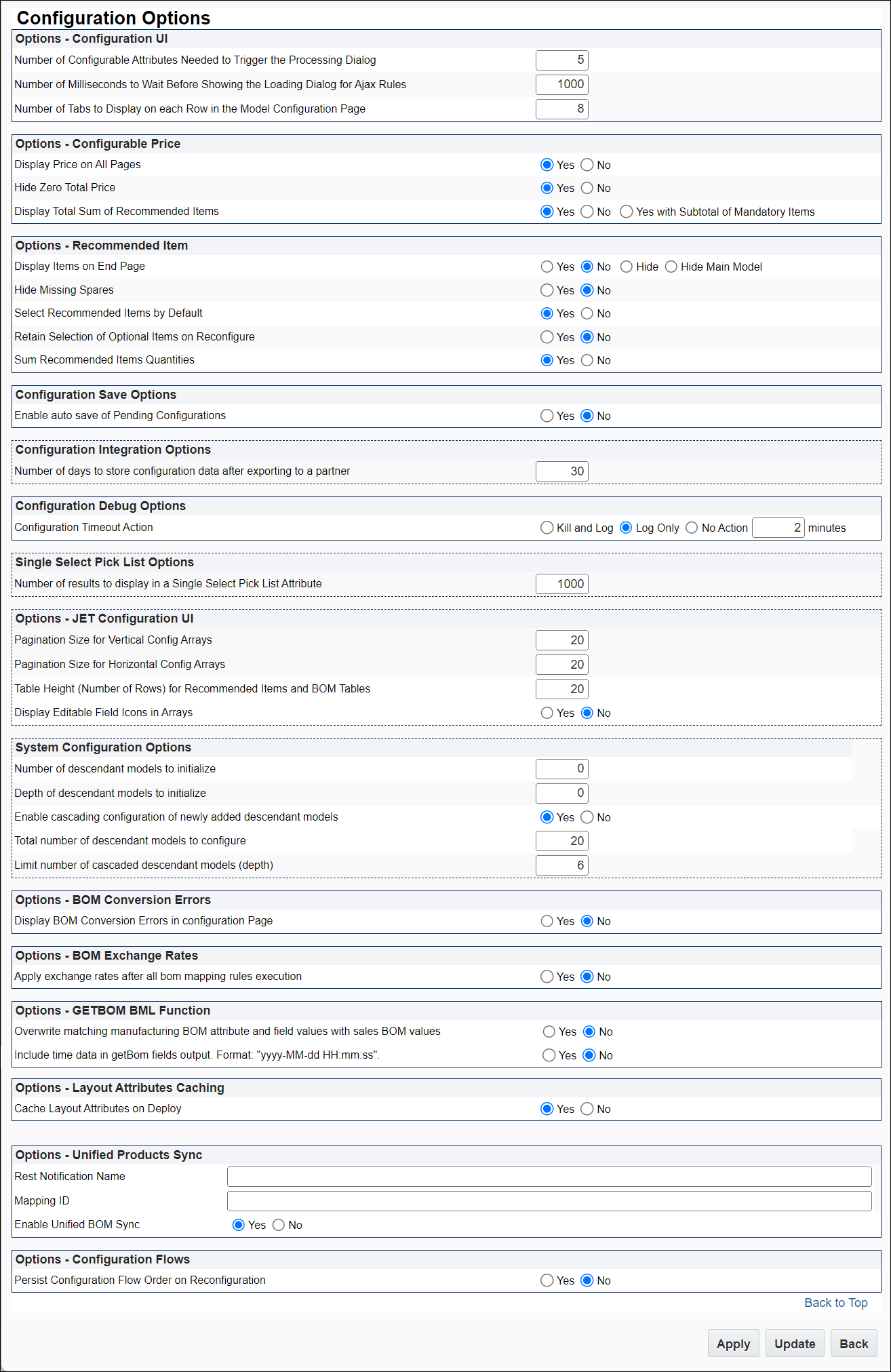 Configuration Options page