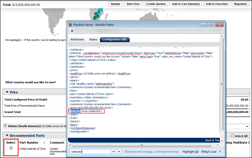 Configuration XML <selected> Tag within Pipeline Viewer - selected item