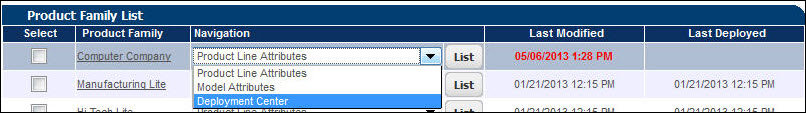 Select Deploy for a Product Family