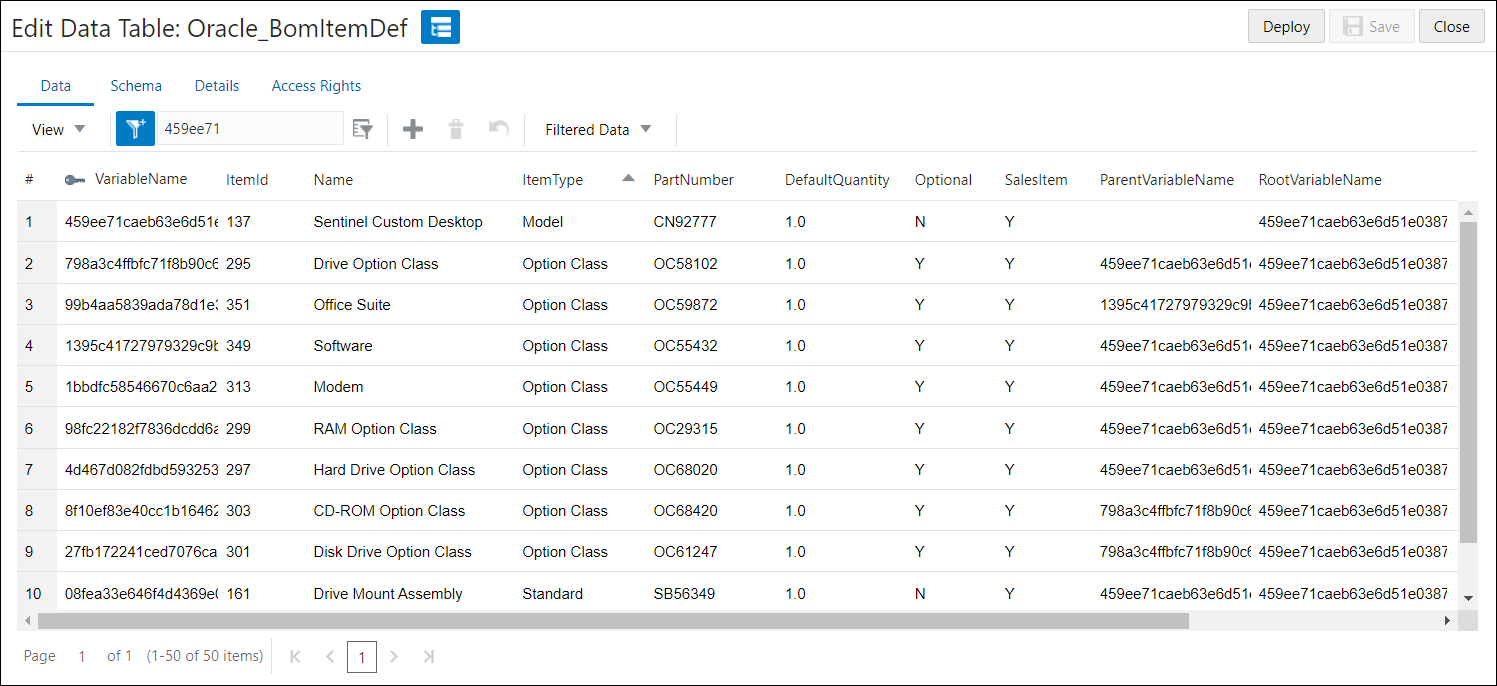 BOM Data Table Example for auto-generation of BOM simple configurator