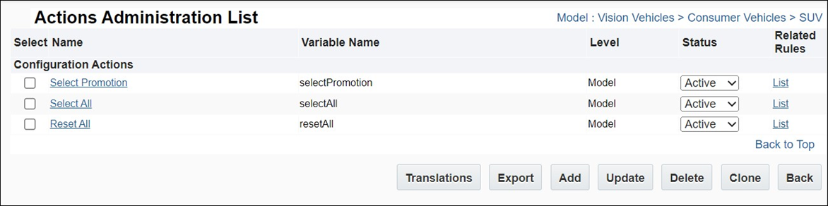 Configuration Actions List Page