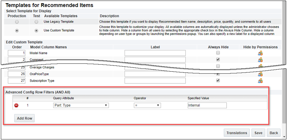 Templates for Recommended Items Advanced Config Row Filters