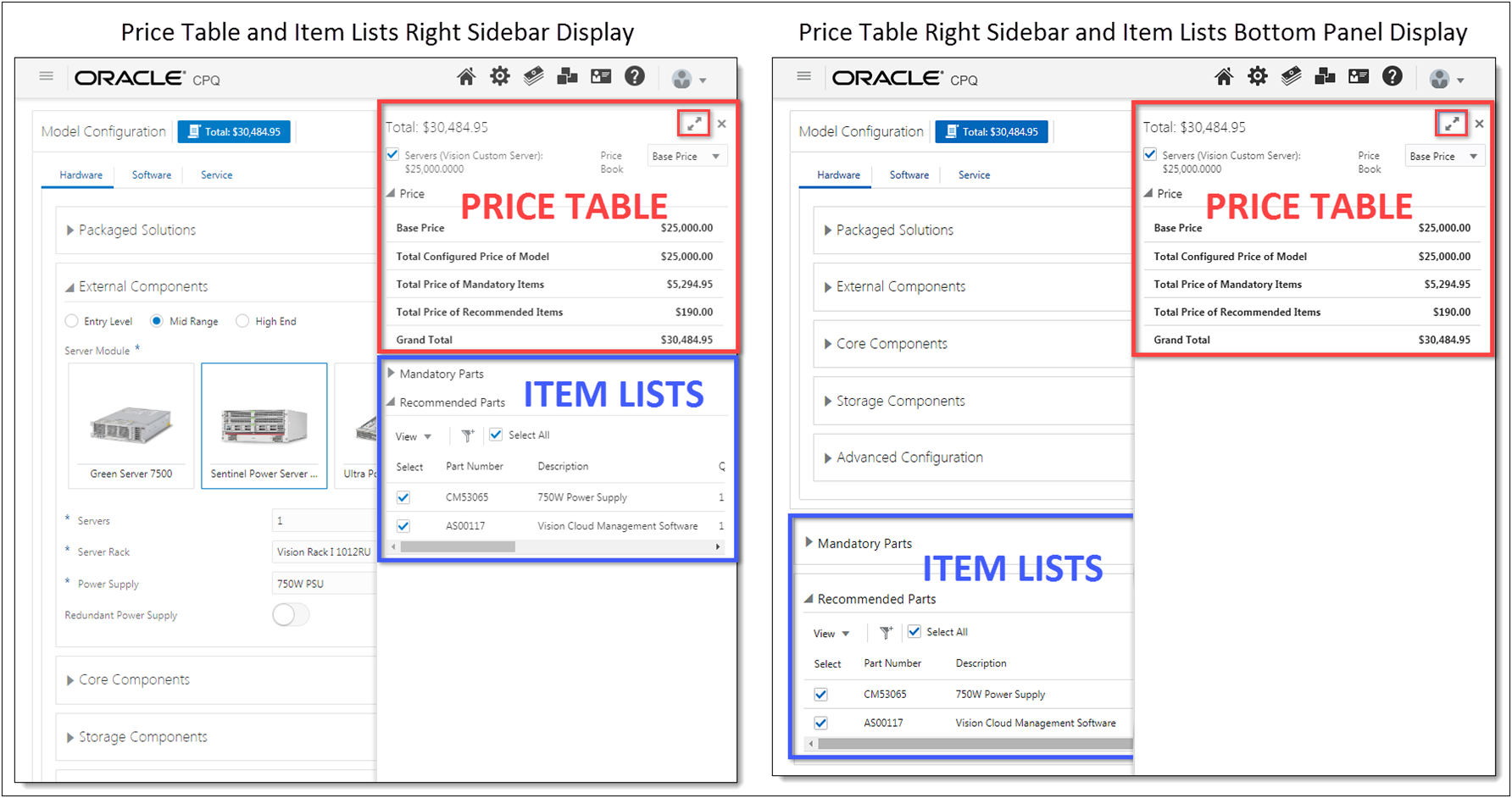  JET Item List Display, Price Table Display, and Sidebar Behavior